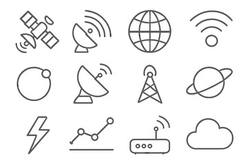 Fototapeta premium Satellite Icon Set. Satellite Communication. Line icon set of Satellite Communication: satellite, antenna, earth globe, signal wave, orbit path, dish, radio