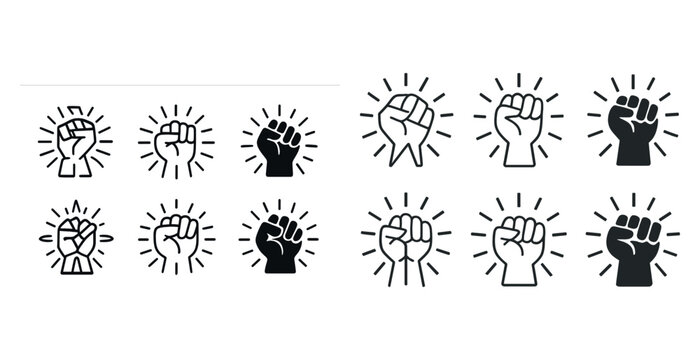 Icons of raised fists in various styles signifying unity and strength