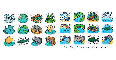 Illustrative icons of water cycle and aquatic ecosystem elements