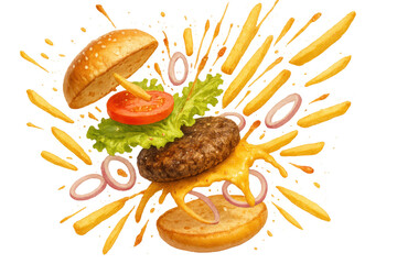 Deconstructed cheeseburger ingredients flying with french fries, onion rings, and splashing cheese on transparent background