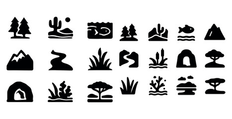 Obraz premium Collection of simplified nature icons featuring trees, cacti, fish, and mountains