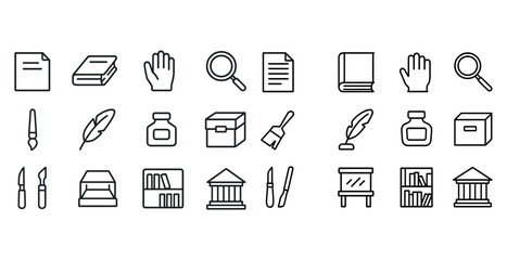 Naklejka premium Black and white icon set featuring office and library tools