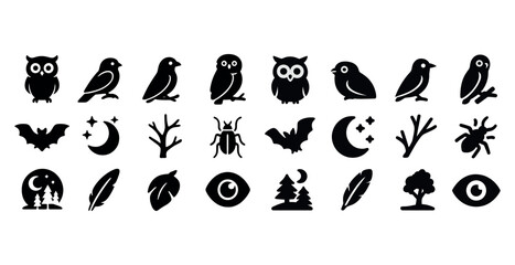 Obraz premium Silhouette icons of birds, insects, trees, and moon phases in rows
