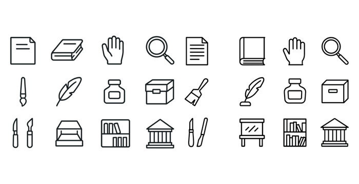 Black and white icon set featuring office and library tools