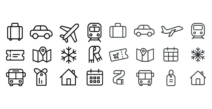 Travel icons set: transportation, luggage, maps, tickets, calendar, plane, bus, train, home, snowflake symbols