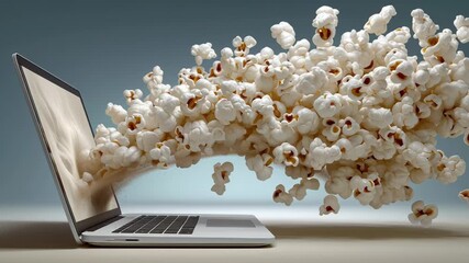 Laptop screen is showing a popcorn explosion. Concept of excitement and fun, as if the laptop is being used to watch a movie or a video game. The popcorn explosion adds a playful