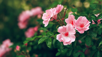 Beautiful blooming pink garden roses surrounded by lush green foliage