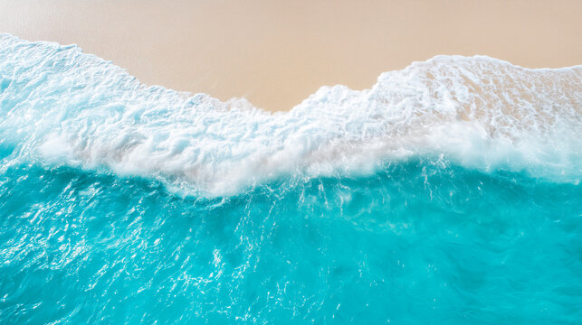 Aerial view of turquoise ocean waves gently rolling onto a pristine sandy beach