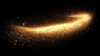 A swirling, luminous trail of golden sparkles against a deep black background, suggesting cosmic dust or stardust