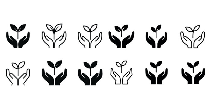 Collection of plant icons in hands symbolizing growth and care