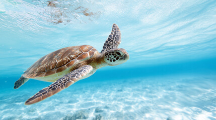 Sea turtle swimming through clear turquoise water
