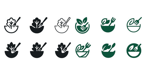 Fototapeta premium Set of salad bowl icons with leaf and fork designs in black and green