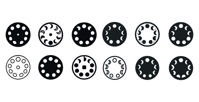Lunar phase icon set: modern black and white moon cycle designs