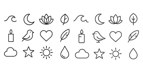 Naklejka premium Minimalist nature icons set featuring birds, leaves, and stars in simple line art style