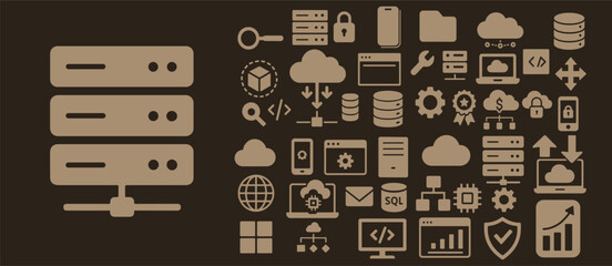 Server Infrastructure and Data Technology Icon Set – Cloud Computing, Cybersecurity, Network Storage Illustration
