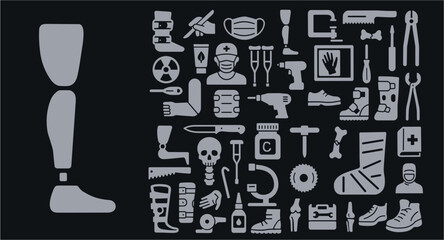 Prosthetic Leg and Orthopedic Equipment Icon Set – Amputee Support, Rehabilitation Tools, Medical Symbols Illustration