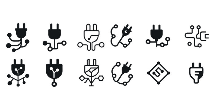 Collection of black and white plug and circuit icons with various designs