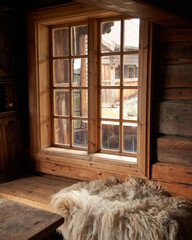  Authentic Log Cabin Interior with Sheepskin Bench and Scenic Window View, Sigdal Skanzen, Near Prestfoss, Norway
