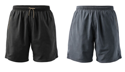 Two pairs of athletic shorts in dark gray and black.  Side pockets and drawstring waist