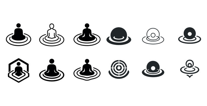 Minimalist meditation icons: zen figures and symbolic designs in black and white