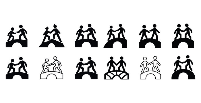 Bridge collaboration icons: people helping each other across gaps