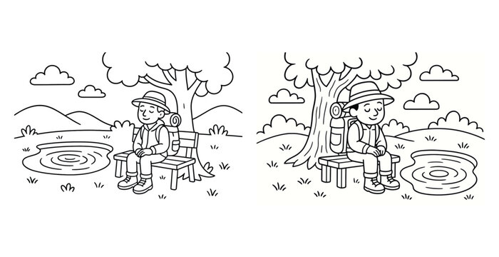 Young caucasian boy sitting on bench near pond in black and white illustration