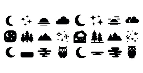 Naklejka premium Black silhouette icons of nature elements with trees, moon, clouds, and stars