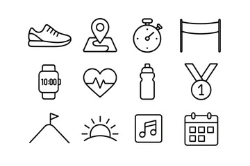 Naklejka premium Running Icons Collection. Running motivation quotes. Line icon set of running motivation quotes: running shoe, route map pin, stopwatch, finish line banner,