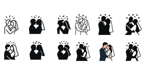 Icon set of bride and groom kissing in various styles and designs