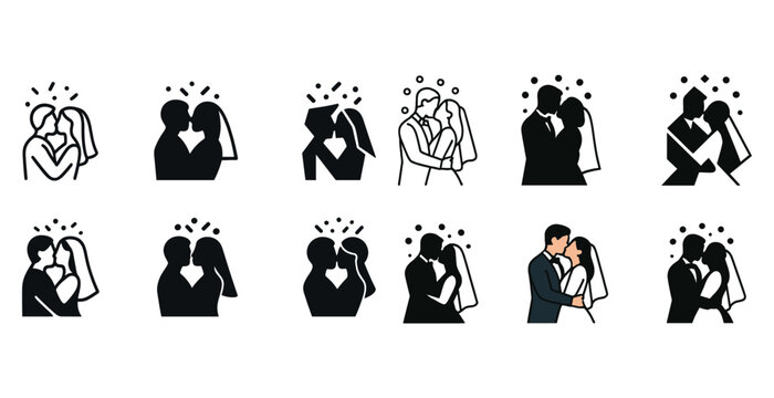 Icon set of bride and groom kissing in various styles and designs - Powered by Adobe