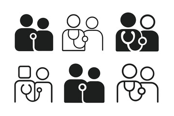 Doctor Visit Logos. Taking a friend to the doctor. Icon set. Set Logo of Taking a friend to the doctor: Stethoscope. harmonious logo variations of the same