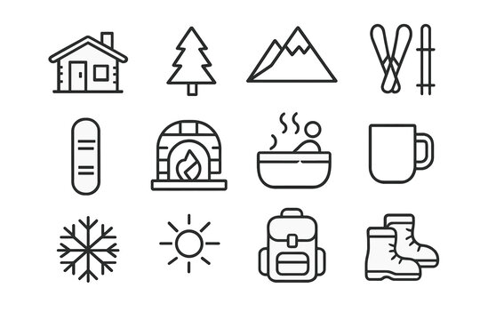 Mountain Resort Icons. Mountain Resort. Line icon set of Mountain Resort: cabin, pine tree, mountain, ski, snowboard, fireplace, hot tub, mug, snowflake, sun,