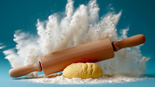 Wooden rolling pin is on top of a dough ball with flour dusting the surface. The dough ball is in the middle of a cloud of flour