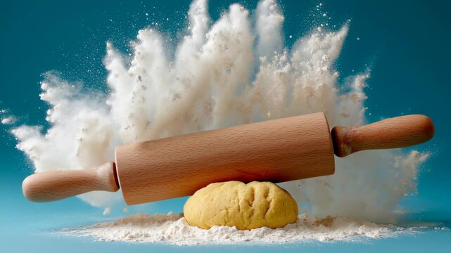 Wooden rolling pin is on top of a dough ball with flour dusting the surface. The dough ball is in the middle of a cloud of flour