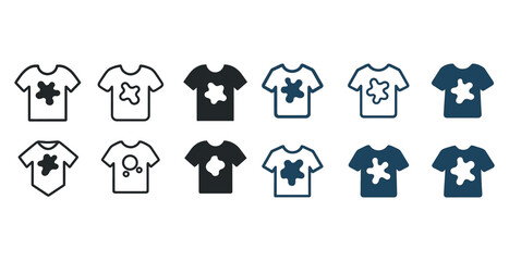 Collection of iconic t-shirt stain designs in black and blue variations