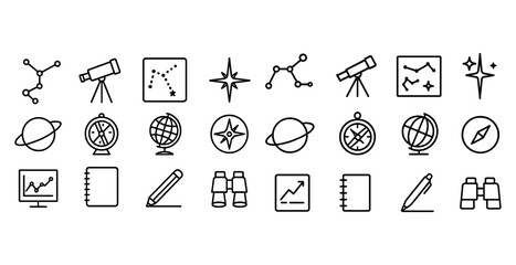 Outline icons of telescopes, constellations, globes, and navigation tools