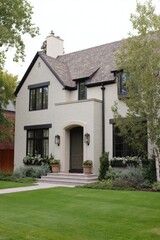 Elegant modern house with a well-kept lawn and landscaped gardens, showcasing classic architecture in a serene neighborhood during a clear day