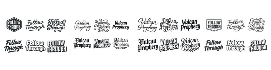 Variety of vintage typography designs for 'follow through' and 'vulcan prophecy'