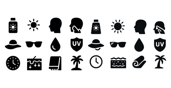 Sun protection icons: sunscreen, uv shield, hats, and more - Powered by Adobe