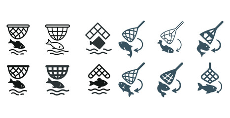 Fish and net icons set featuring various designs and styles for fishing enthusiasts