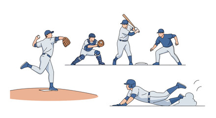 Fototapeta premium Baseball Game Line Art: Pitcher, Catcher, Batter, and Runner