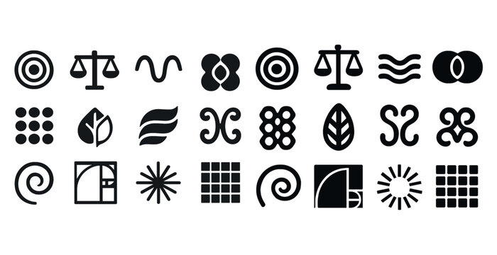 Collection of geometric and nature-inspired minimalist icons in black and white