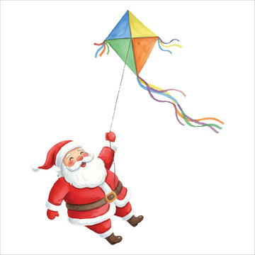Santa Claus Flying Kite Vector Isolated on White Background Christmas
