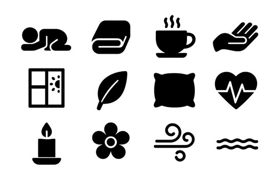Peaceful Recovery Icons. Peaceful Recovery. Solid icon set of Peaceful Recovery: sleeping figure, blanket, tea cup, gentle hand, window light, leaf, pillow,