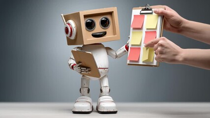 Robot is holding a clipboard with a yellow and pink sticky note on it. The robot is smiling and he is happy