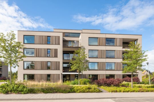A stylish, modern residential building featuring sleek contemporary architecture is beautifully surrounded by lush greenery, perfectly situated in a sunny urban environment - Powered by Adobe