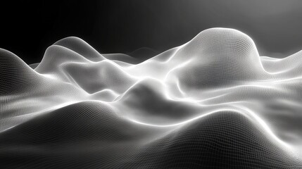 Abstract 3D undulating grayscale landscape with smooth luminous peaks and valleys