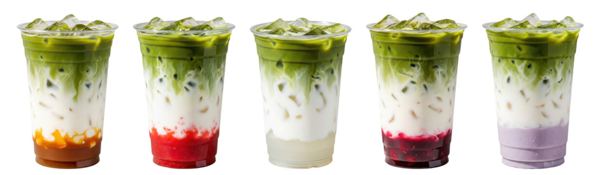 flavored iced matcha lattes: caramel or pumpkin, strawberry, coconut, cherry, taro