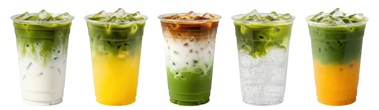iced matcha green tea drinks: latte, lemonade, coffee, tonic, orange