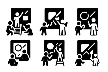 Community Mural Icons. A group of artists working together on a large community mural project. Icon set. Set Logo of Sketch Paper: Design planning. Negative